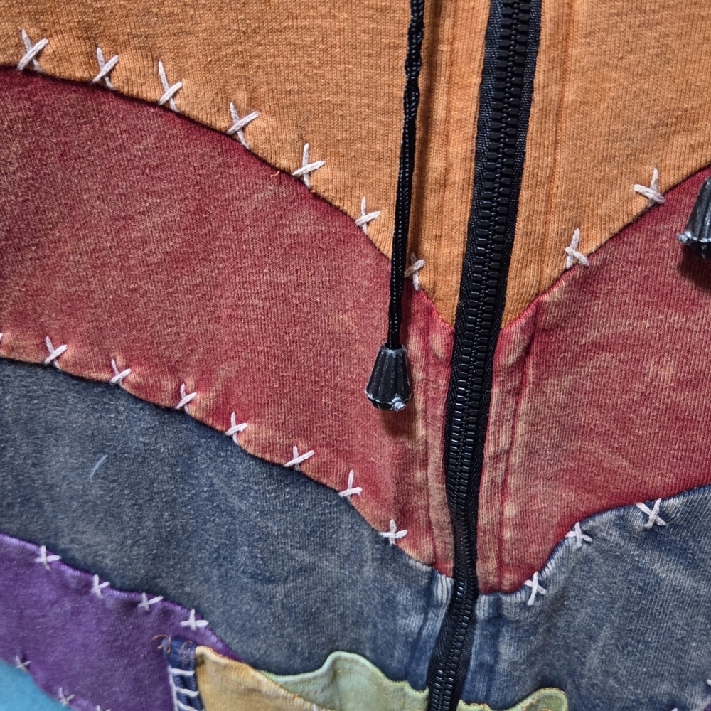 Colorful Patchwork Rainbow Cotton Full Zip Hoodie Made in Nepal Sizr Small - Picture 4 of 6